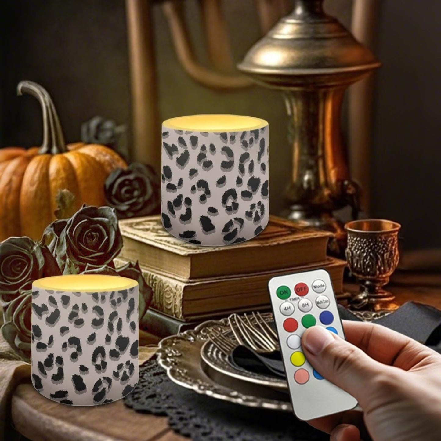 NETILGEN Classic Brown Leopard Print Flameless Candles Realistic Flickering Flameless Candles with Timer Remote Color Changing Battery Operated LED Candles Set of 4