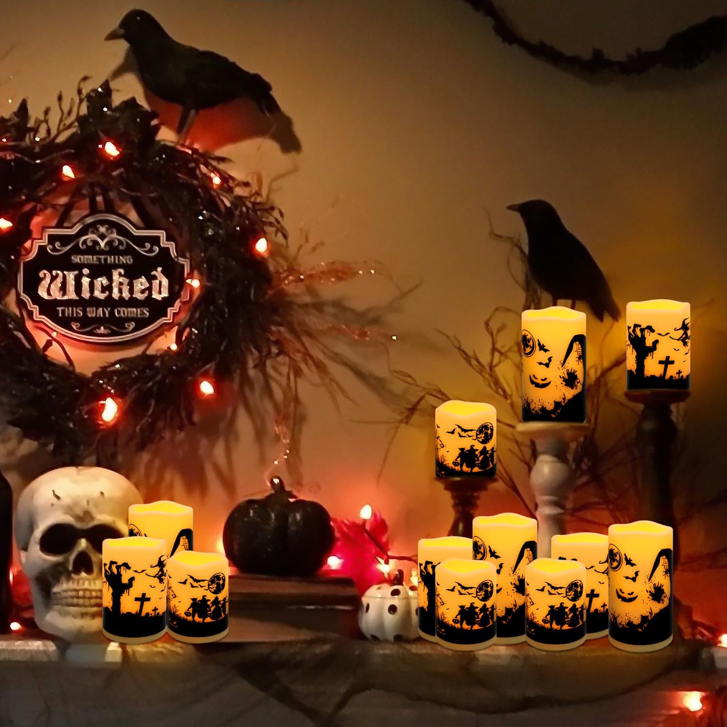fclayvts 12-Pack Halloween LED Flameless Pillar Candles - Battery Operated with Remote & Timer, Flickering Warm Light, Witch/Bats/Castle Decals - Spooky Halloween Decor, Ghost Party Supplies, Gifts