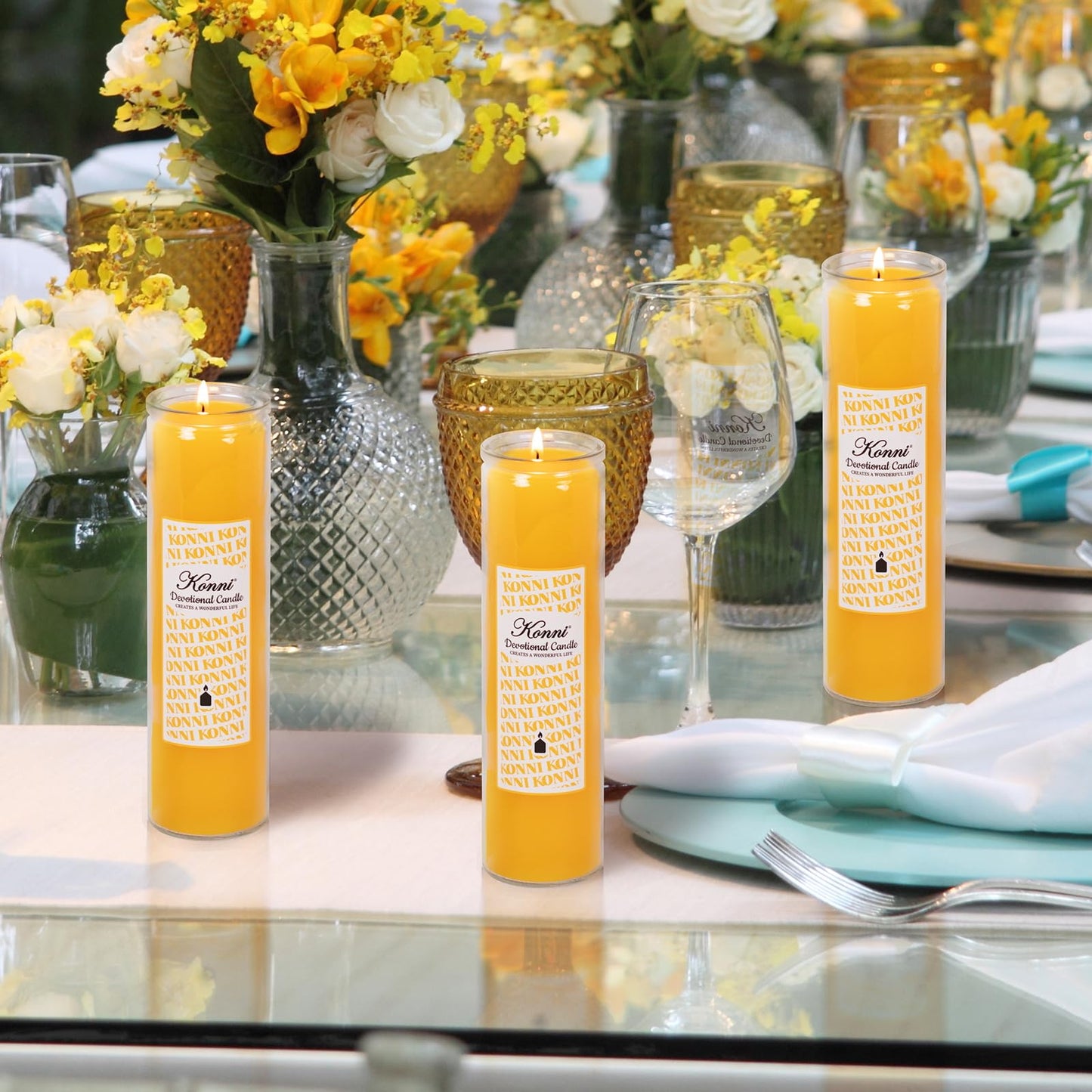 KONNI 2x8 Inch Yellow Pillar Candles in Glass Set of 3, Devotional Prayer Candle, Unscented Religious Candles, 105 Hours Emergency Long Burning, Ideal for Memorials, Vigil, Blessing
