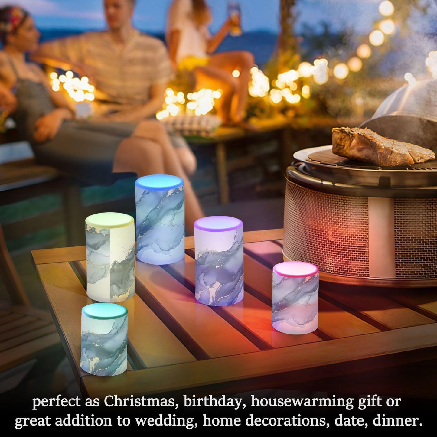 WEVIBOFU Blue and Gray Gold Marble Flickering Flameless Candles LED Battery Operated with Remote Timer Pillar Candles for Home Birthday Wedding Christmas Decor, Set of 2