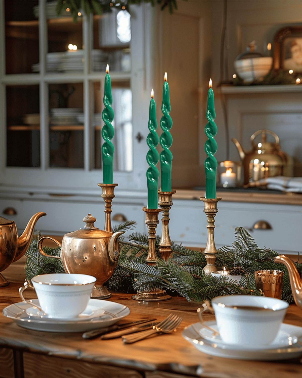 LPUSA Green Tall Taper Candles Stick Dripless Unscented Dinner Spiral Candle for Holiday Wedding Party Wax Unscented Dinner Candle Dripless,Christmas Gift H 10 Inch, 4pcs（Dark Green-C）