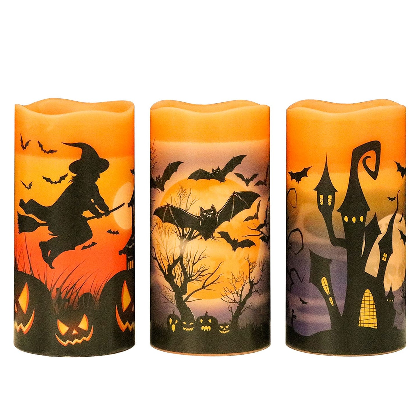 Eldnacele Halloween Flameless Flickering LED Candles with 6-Hour Timer, Battery Operated Wax Candles Assorted Decals Witch, Bats, Castle Set of 3 for Decoration