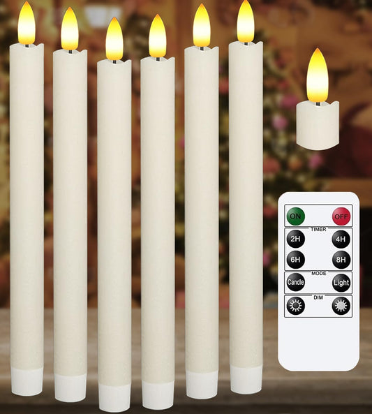 Upgraded Real Wax LED Flameless Taper Candles with Remote, KSWING 6 PCS White Candlesticks Battery Operated 3D Flickering - 9.6" Long Realistic Fake Candle Sticks for Home/Wedding/Fireplace Xmas Decor