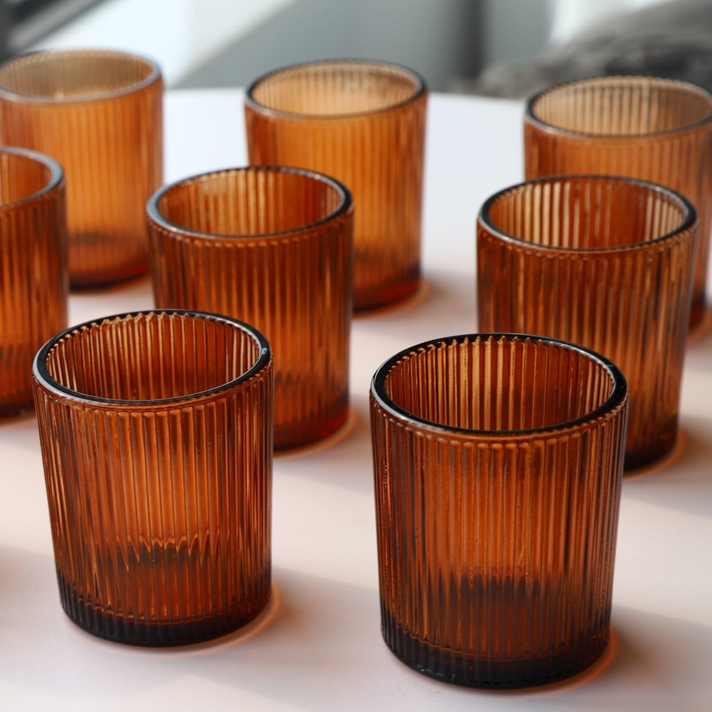 VOHO Amber Candle Holders for Votive Candles/Tea Lights Candles, Ribbed Votive Candle Holders for Table Centerpiece, 12pcs Tealight Candle Holder Decor for Thanksgiving & Christmas