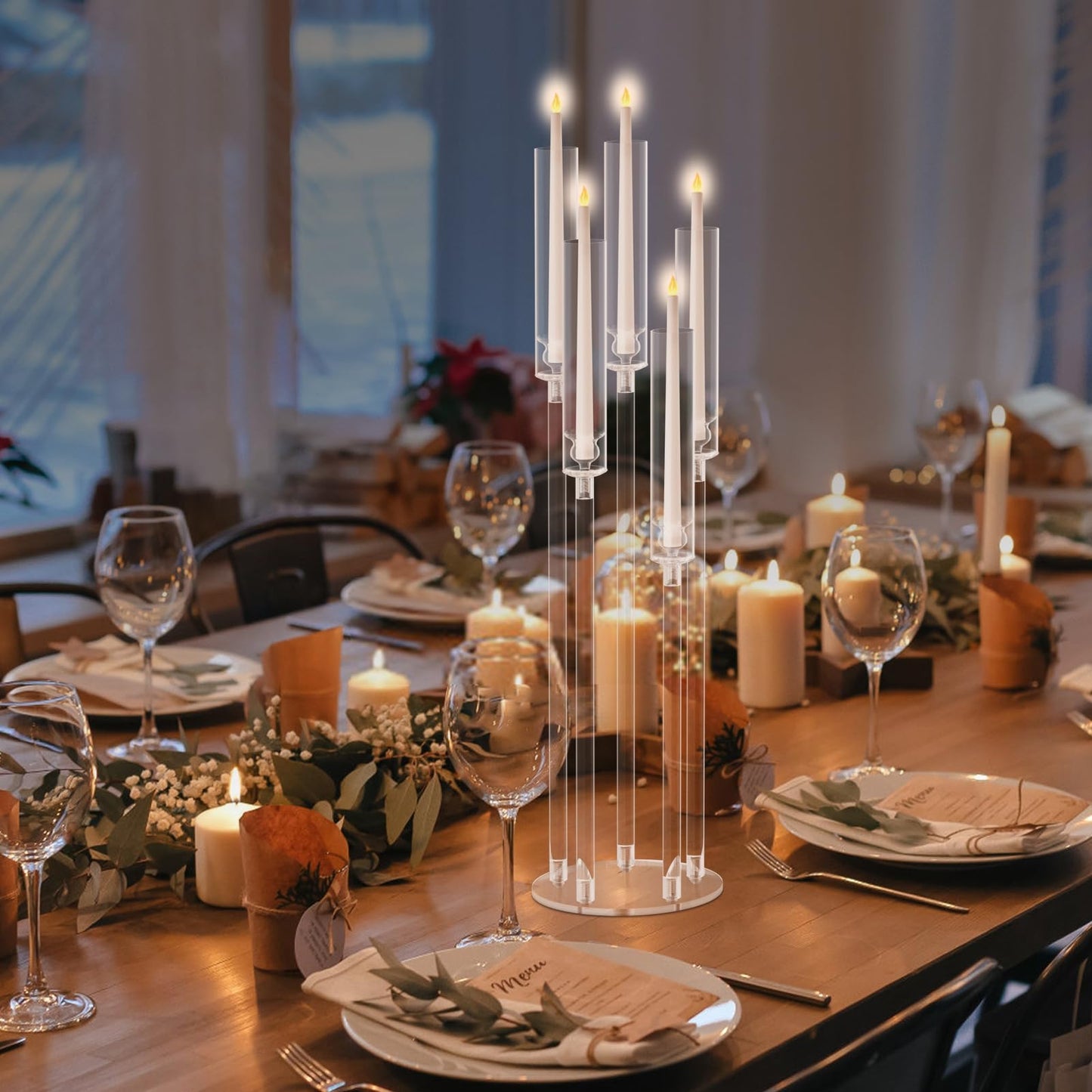 4 Pack Acrylic Candelabra Centerpieces, 5 Arm Clear Candlestick Holder with Acrylic Shade, 3 Height Adjustable Taper Candle Holder for LED Candles (Diameter ≤0.86”), Wedding Table Decoration 8pcs