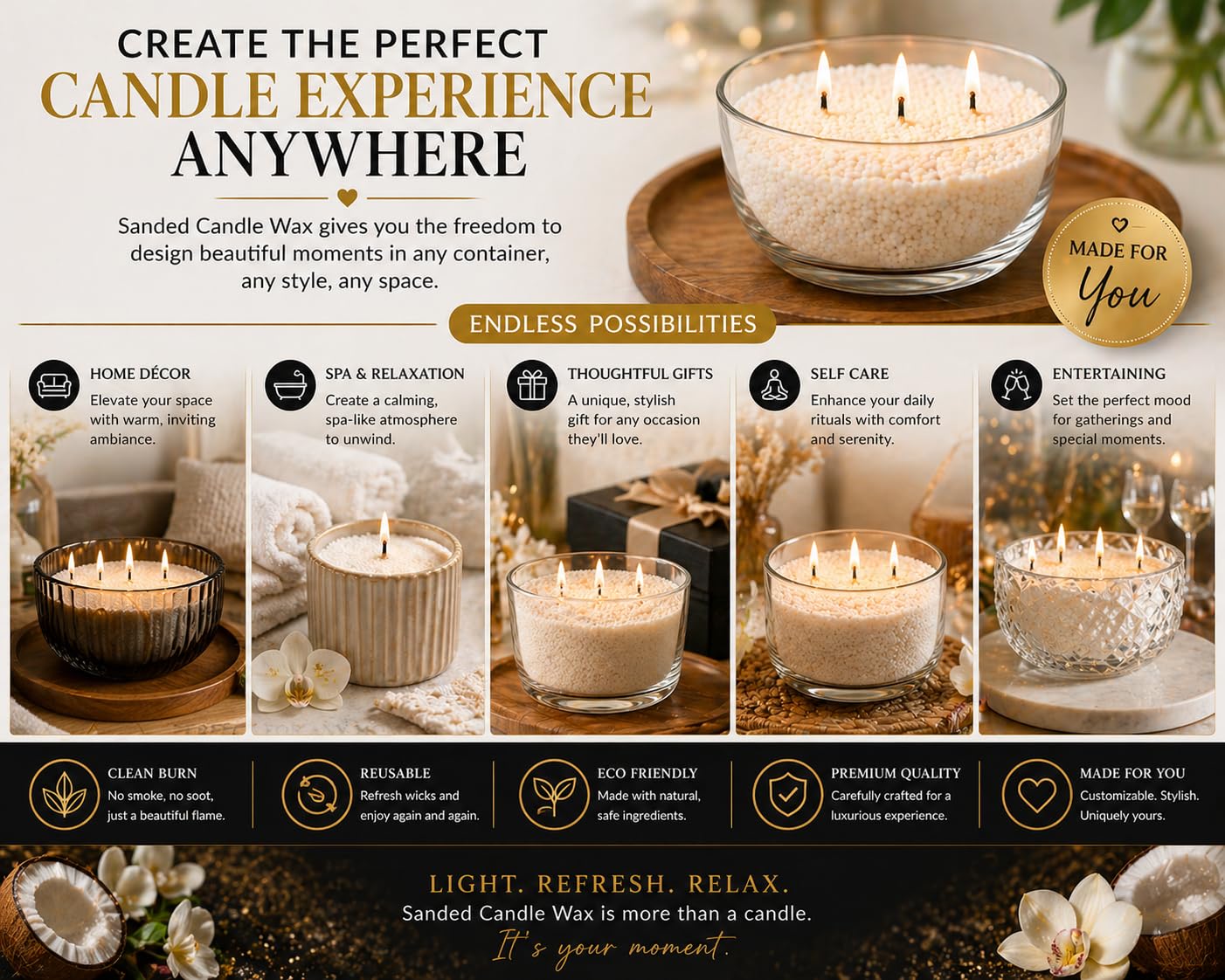 Candle Sand Wax 1 LB – Southern Alora Refillable Sand Candles with 10 Cotton Wicks – DIY Candle Kit for Wedding Centerpieces, Table Decor & Modern Home Decor (Velvet Coconut)