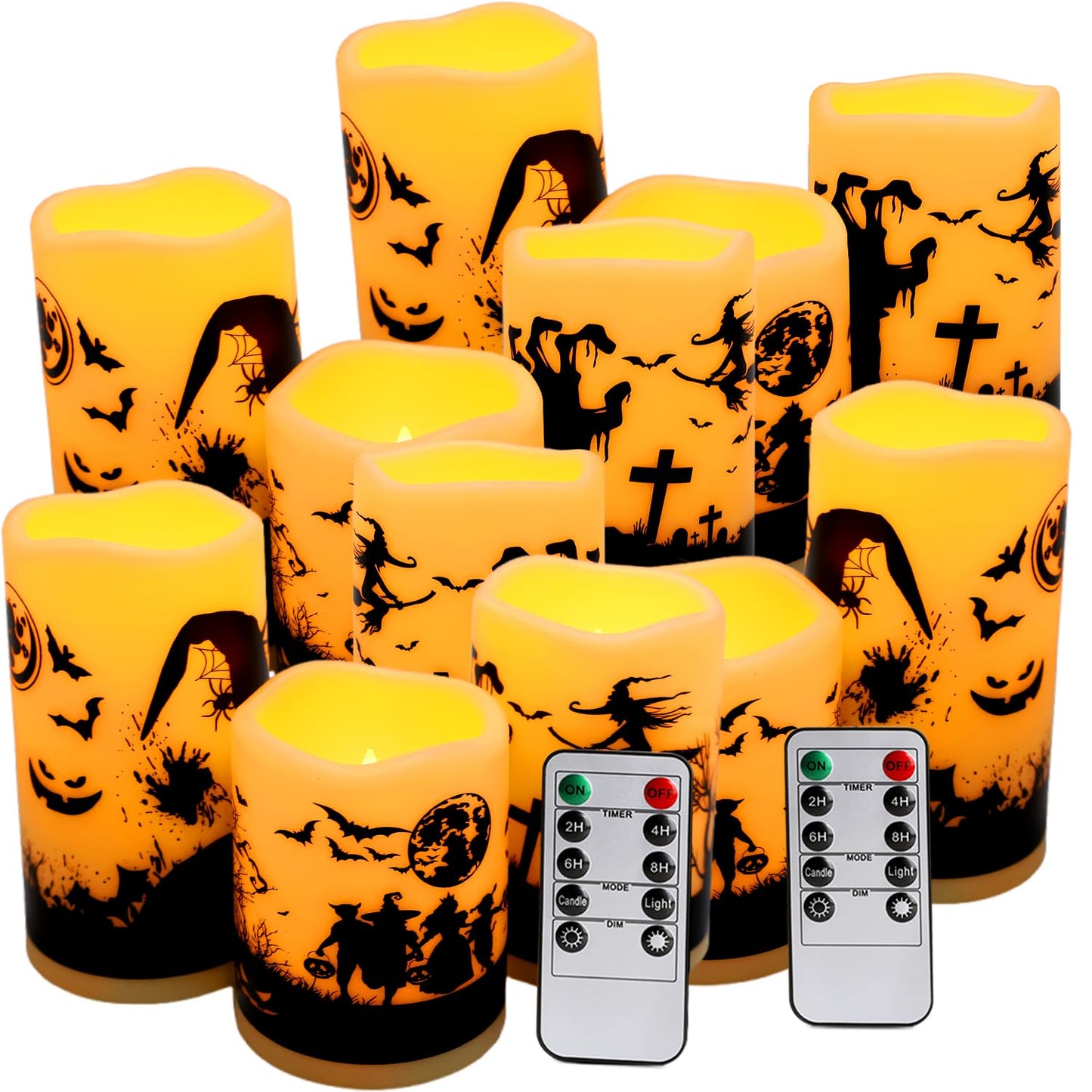 fclayvts 12-Pack Halloween LED Flameless Pillar Candles - Battery Operated with Remote & Timer, Flickering Warm Light, Witch/Bats/Castle Decals - Spooky Halloween Decor, Ghost Party Supplies, Gifts
