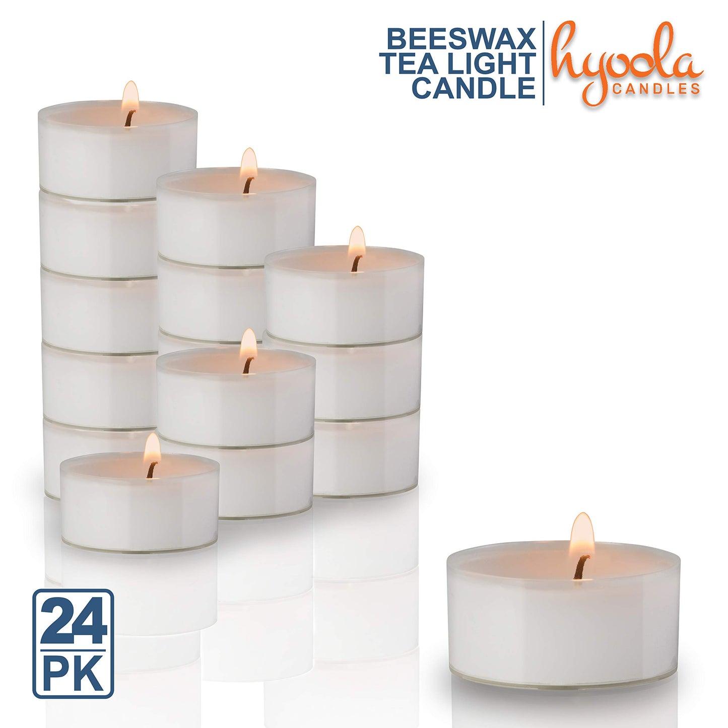 Hyoola Pure White Beeswax Tea Lights - 24 Pack - Handmade Decorative Unscented - Tealight Candles - 4 Hour Burn Time, Clear Cup