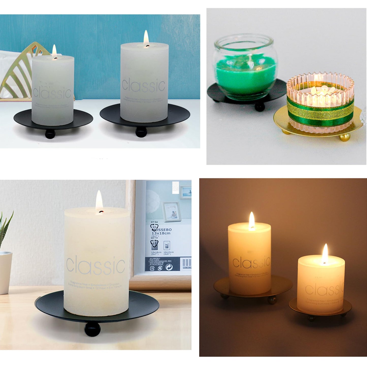 2 PCS Candle Holders Dish for Pillar Candles, Metal Candlestick Holder, Candle Plates for Halloween Christmas Wedding Parties, Dining Room Home Decoration (Black)