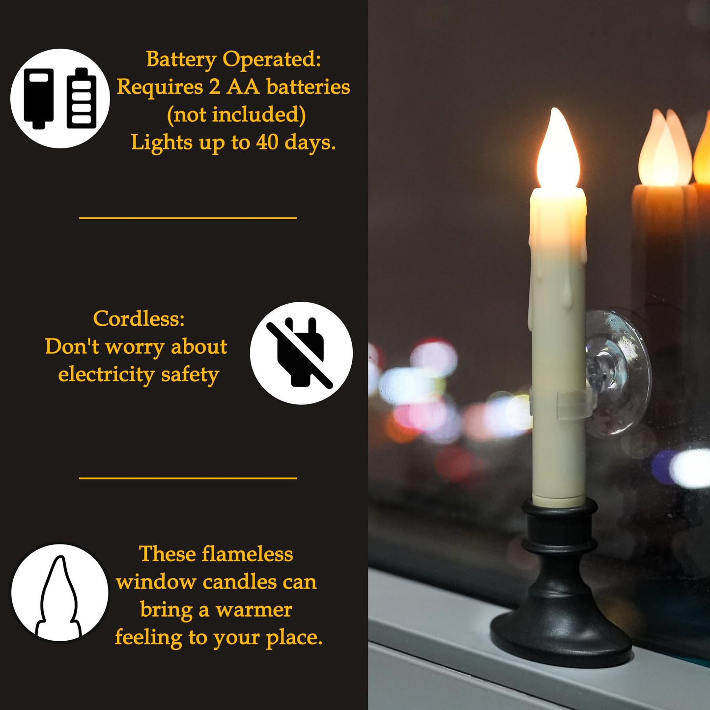 Daord 6 Pcs Sensor Dusk to Dawn Window Candles Flameless Flickering Candlesticks with Black Holders & Suction Cups Battery Operated Fake Candle for Christmas Home Decor (6pcs,Ivory)