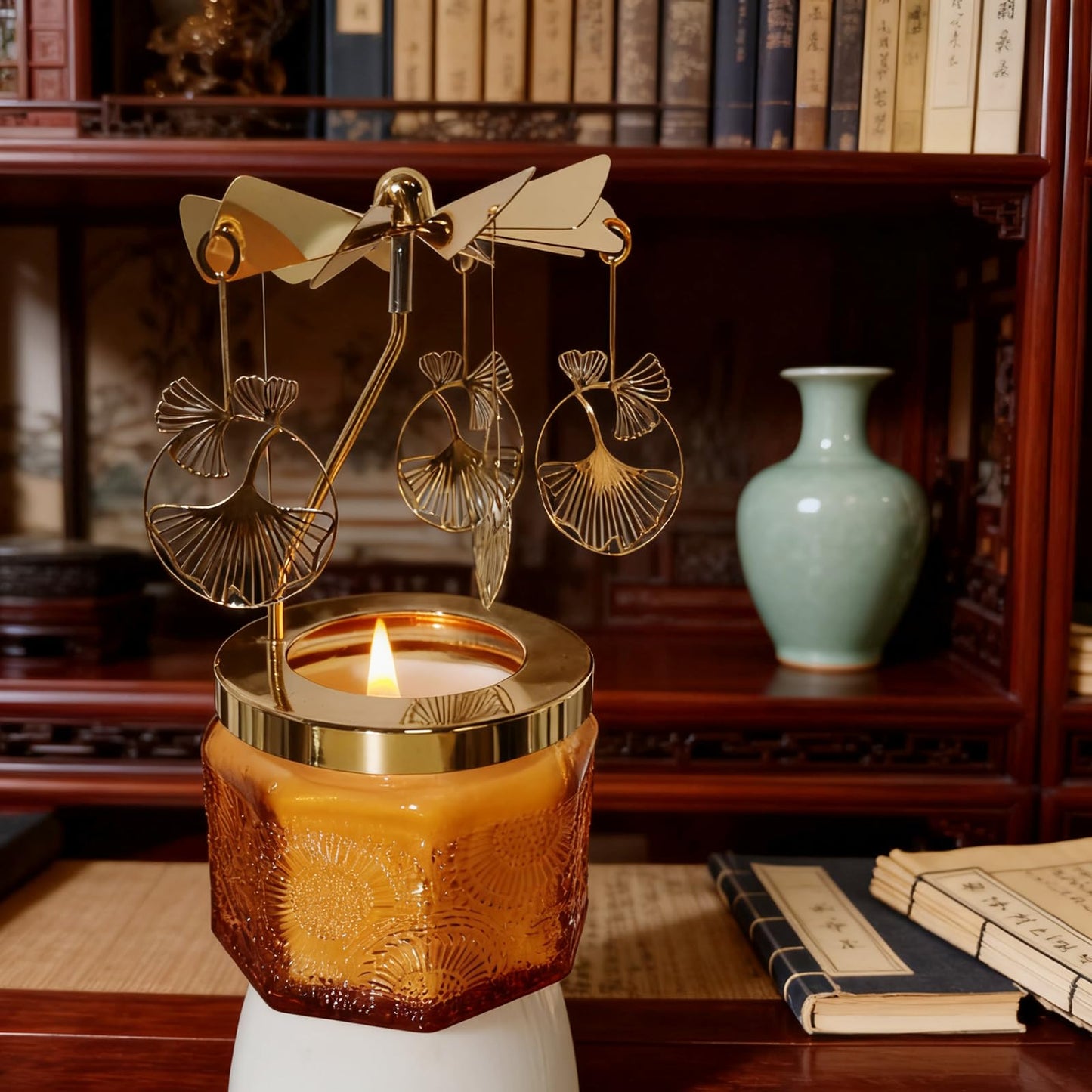 kingnero Lavender Scented Candle Carousel Rotary Candle Holder Spinning Tea Light Birthday Gifts for Women, Mom, Wife, Girlfriend, Sister, Female Friends, (Gold Ginkgo Leaf)