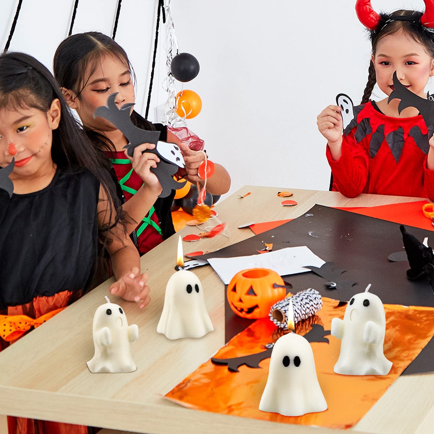 Minatee 4 Pieces Large Halloween Ghost Candles Cute Spooky Fall Decor Burning White Scented Wax Candles Gifts for Boo Basket Stuffers Halloween Room Table Indoor Decorations, 2 Style