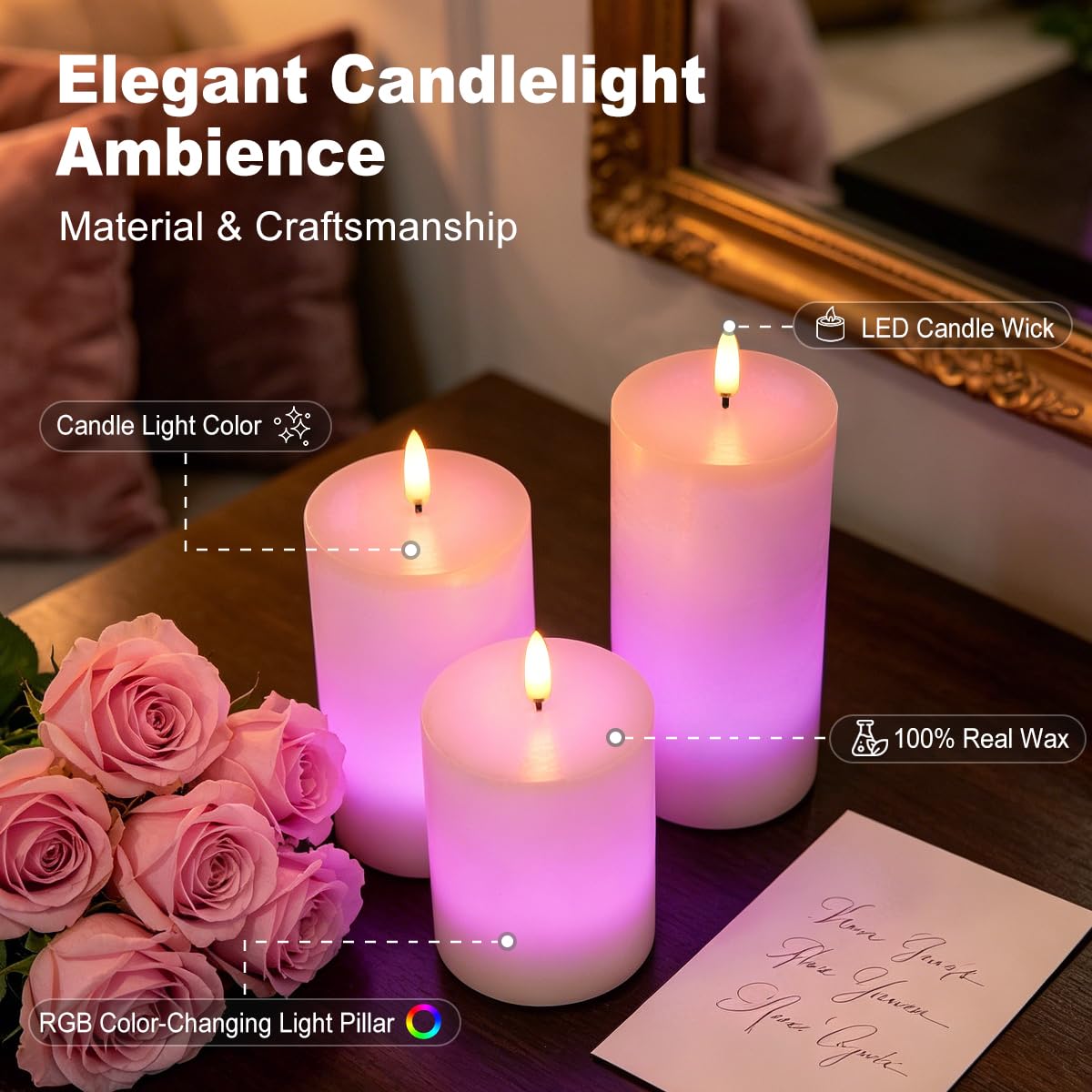 LEDHOLYT Rechargeable Flameless Candles, RGB Color Changing Realistic Flickering Flameless Candles with Remote & Timer, Set of 3