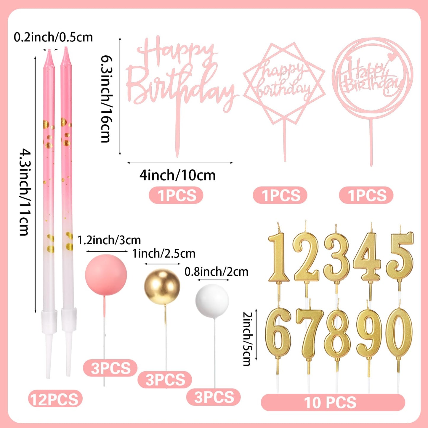 Yerliker 34 Pcs Happy Birthday Cake Toppers Decorations Birthday Candles DIY Cake Decor for Men Women Wedding Anniversary(Pink)