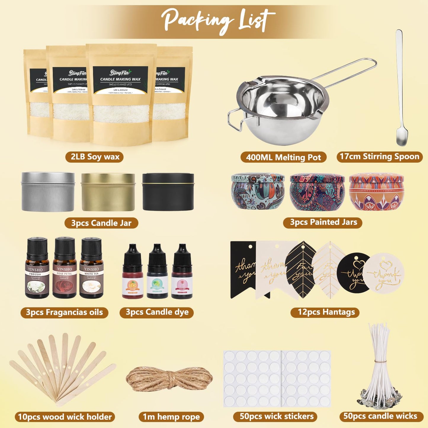 Blingfun 2LB Soy Wax Candle Making Kit,DIY Candle Making Supplies with Wicks, Stickers,Candle Jar, Melting Pot,Fragrances Oils & Dyes,Scented Candle Starter Full Kit for Adults (2LB)