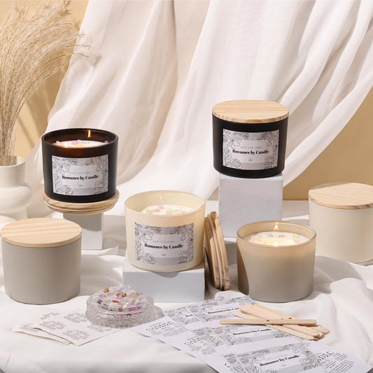 6Pcs Assorted Black and White Candle Jars for Making Candles, 12oz Empty Candle Jars with Bamboo Lids,Labels and 100g Crystal Rocks, Glass Jars for Candle Making, Candle Containers for DIY Gifts