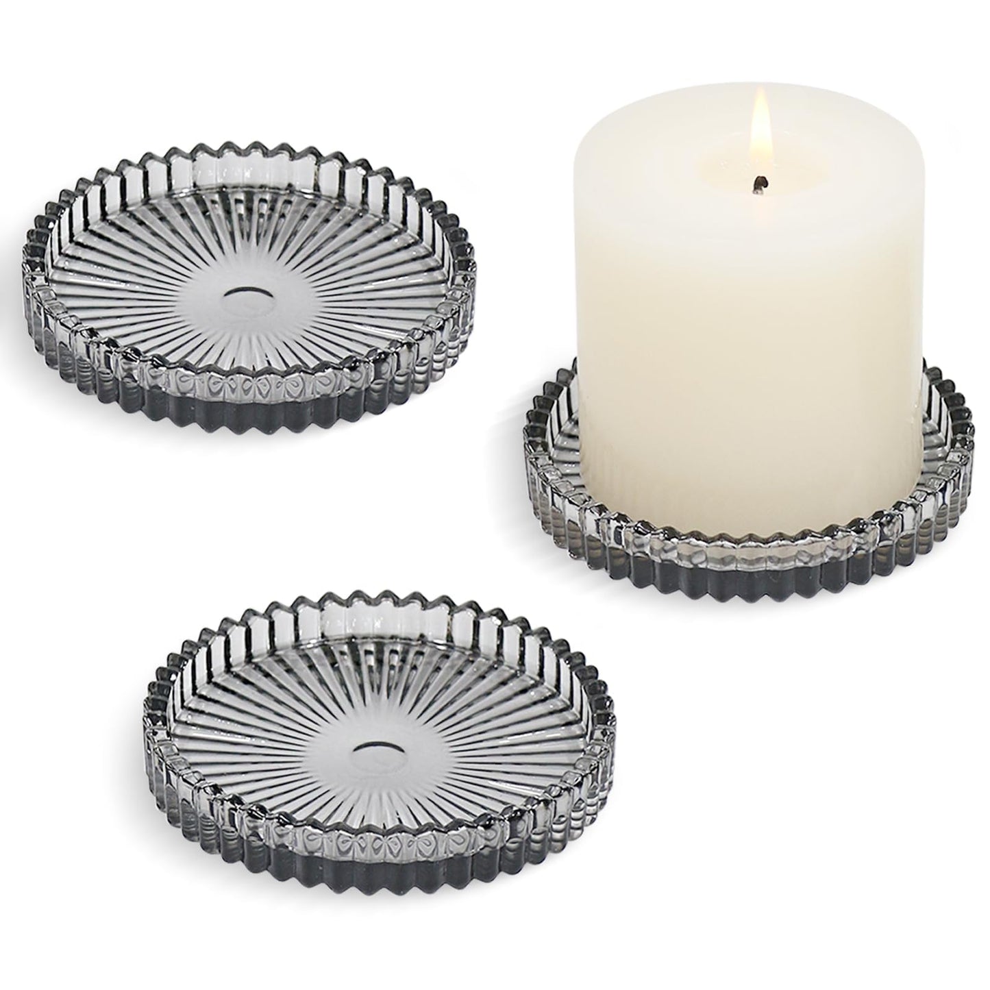 CHOCSTAY Glass Pillar Candle Holder, 4" Gray Candle Plates Set of 3, Glass Candle Holders for Wedding, Party, Holiday, Home Decor, Table Centerpiece