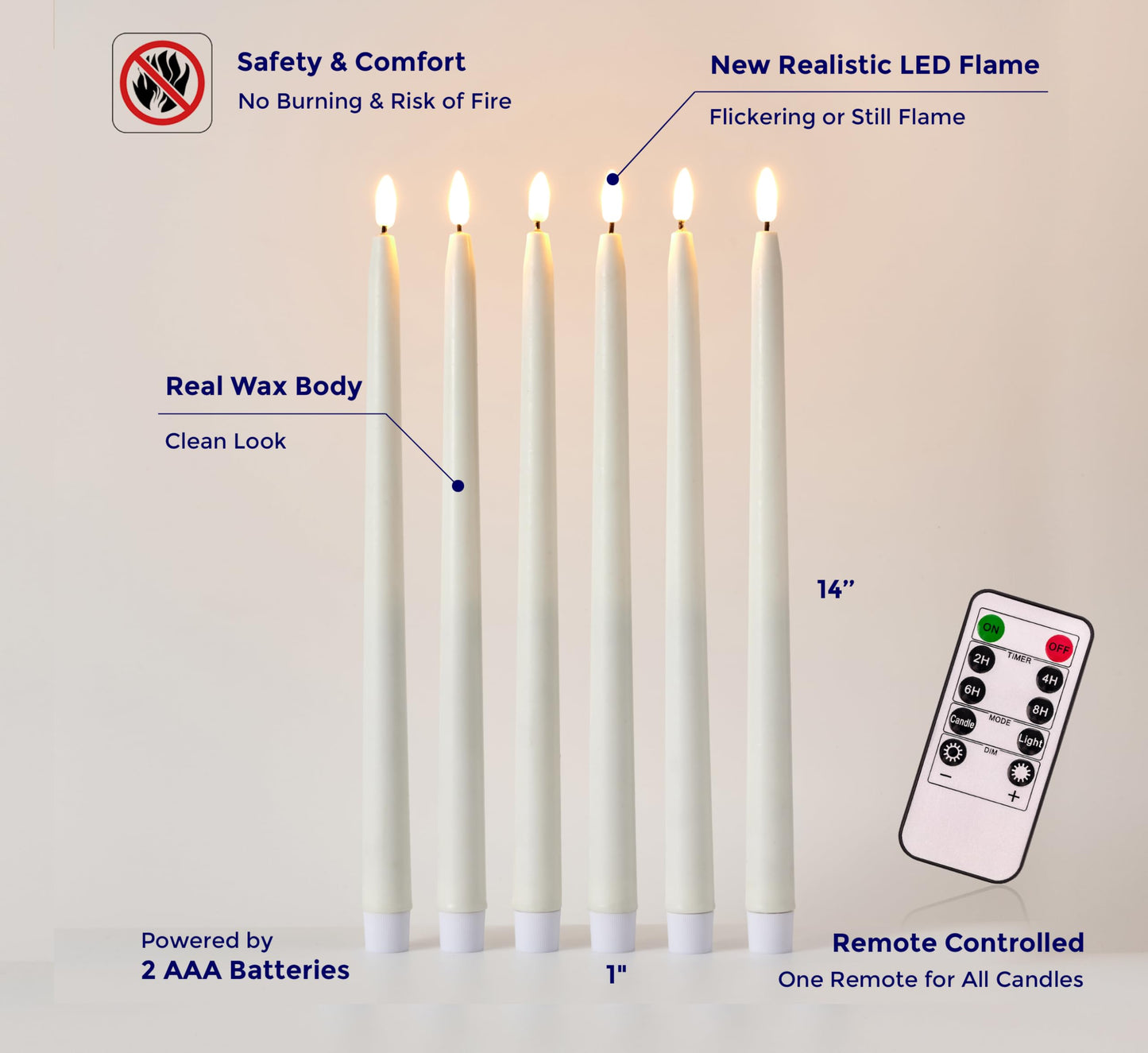 VENTA Set of 6 Flameless Taper Candles with Remote | 14-Inch Ivory LED Candlesticks with Timer | Realistic Flickering Light for Wedding Centerpieces, Dinner Table & Home Decor