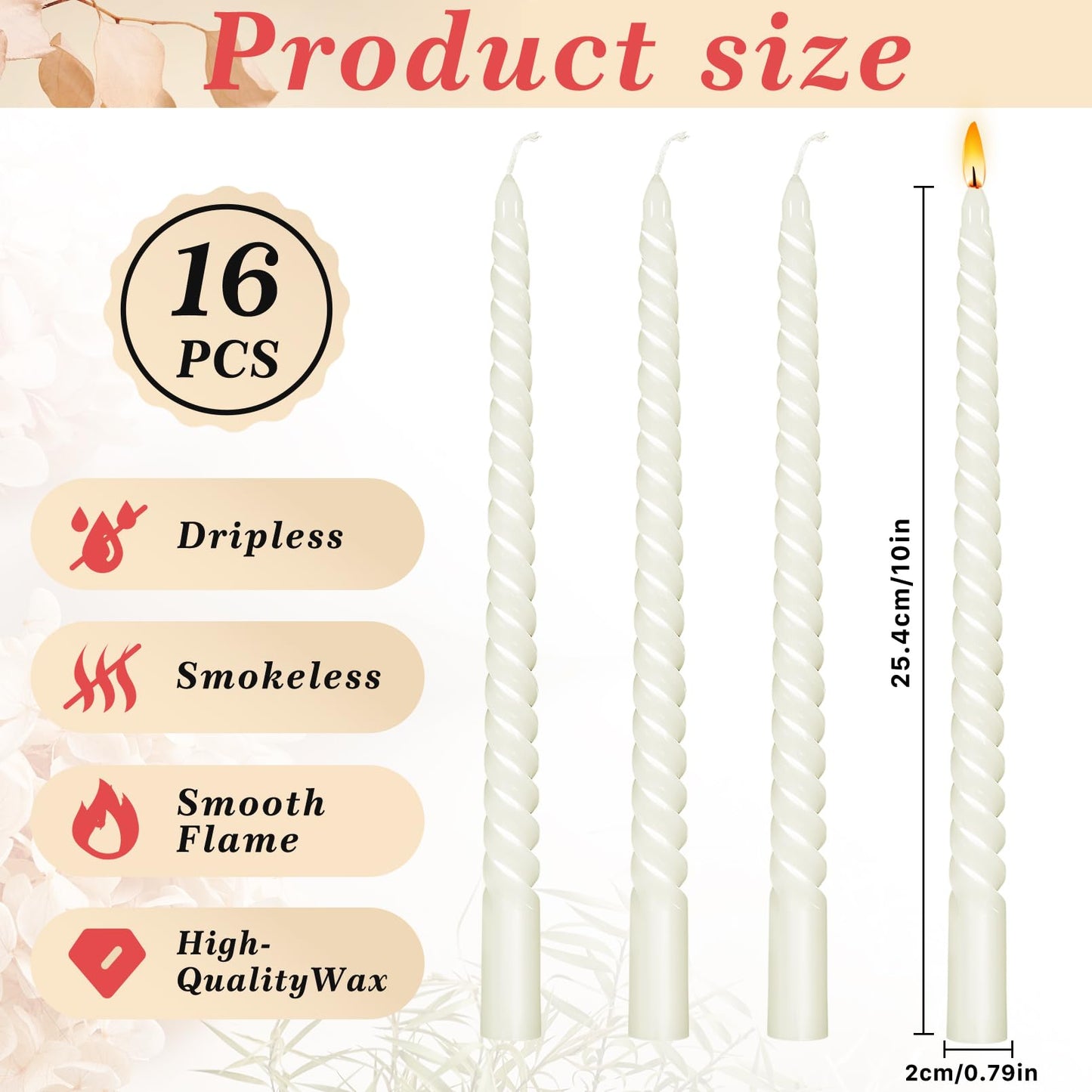 Cptoion 16 PCS Spiral Taper Candles,10 Inch Twisted Taper Candle,Unscented Twisted Candlesticks,Dinner Candles,Dripless Long Candle Sticks for Dinner Party Wedding (White)