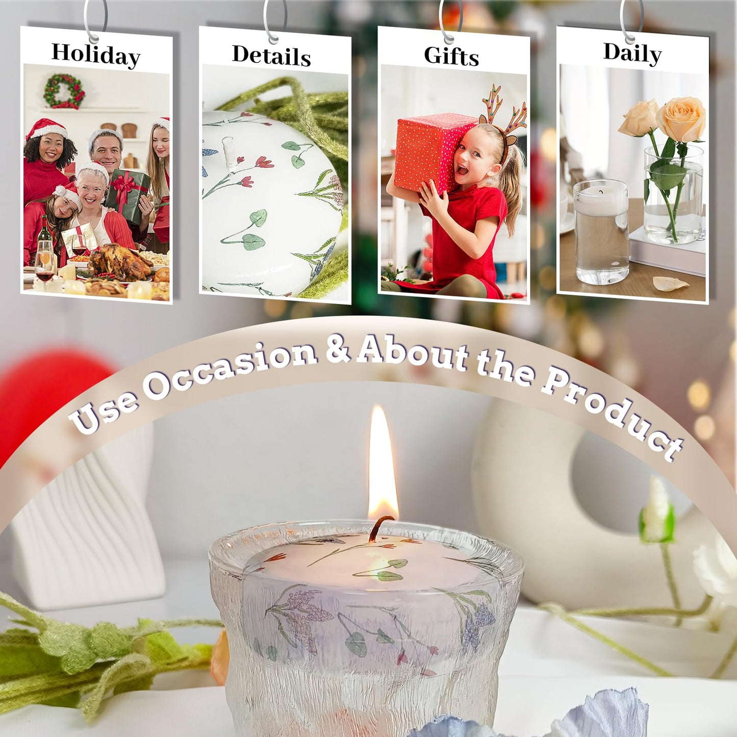 4 Pack Print Floating Candles 2 inch Floral Floating Candle with 2 Pearl String Unique Unscented for Centerpieces Wedding Christmas Lights Romantic Night (Hyacinth Flower Pattern)