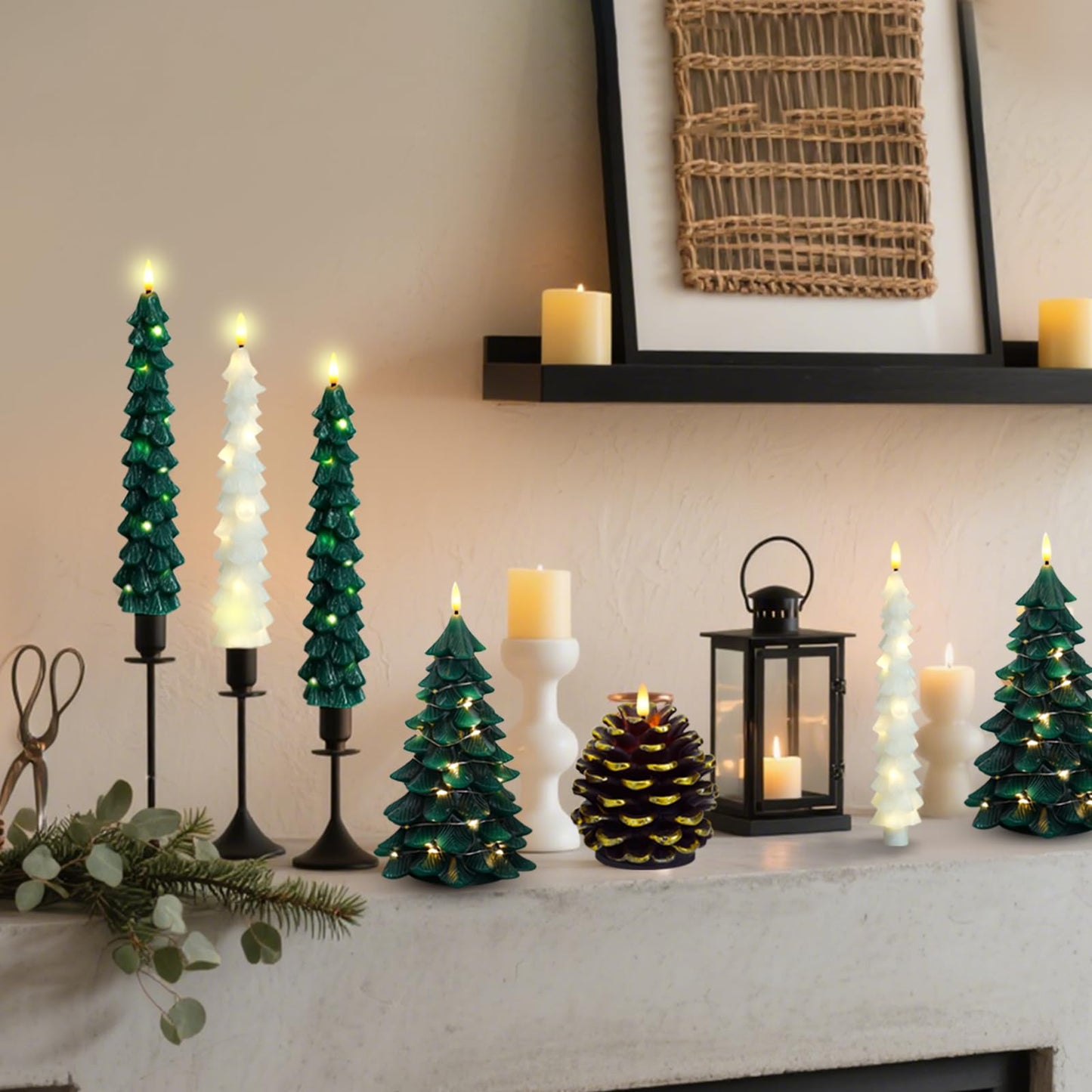 kakoya Christmas Tree Flameless Candles with Remote,4 Pcs Green Real Wax LED Flickering Candles Battery Operate with Embedded Star String for Home Decoration Christmas Gifts(D0.86 xH9.6)