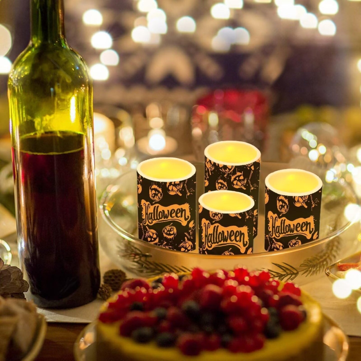 Merkmak Pack of 4 Halloween Pumpkin Flameless Candles Bulk with Remote 4th of July Battery Operated Candles with Timer Flickering LED Elictric Pillar Lights for Home Decorations