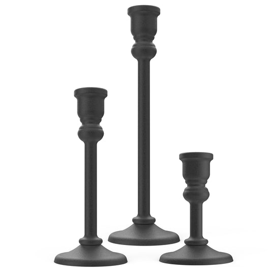Desami 3-Piece Metal Candle Holders Set - Heavy Duty Alloy Taper Candlesticks for Table Centerpiece, Christmas, Dinner Party, Vintage Home Decor - 5-7.5 -10.3Inch Tall, Antique Gold Finish (Black)
