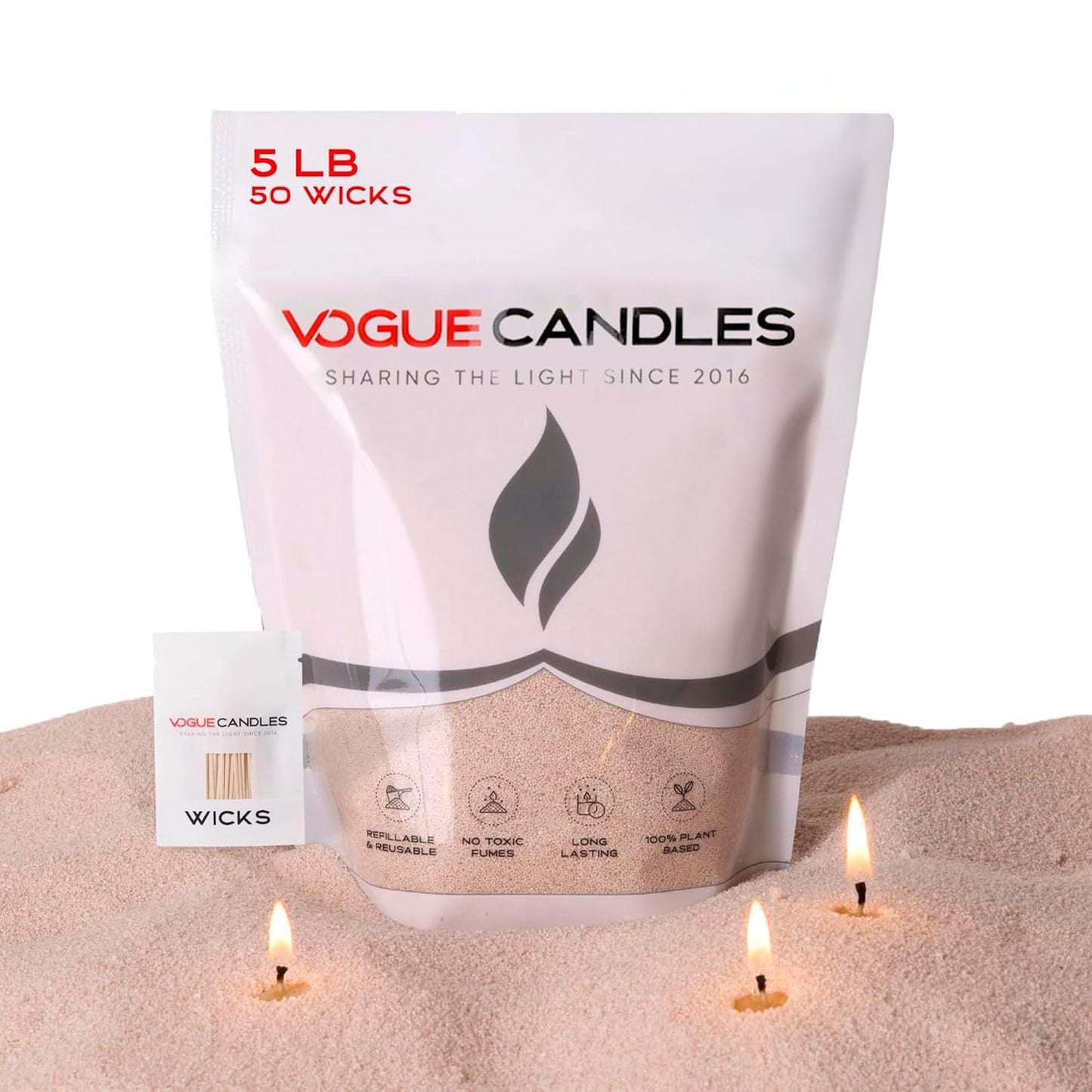 Vogue Candles Nude Pearled Candle Sand Wax (5 LB) – Sand Candle Kit w/50 Cotton Wicks for DIY Home Lighting – Plant-Based & Reusable Wax Granules Refill for Custom Vessels, Décor & Father’s Day Gifts