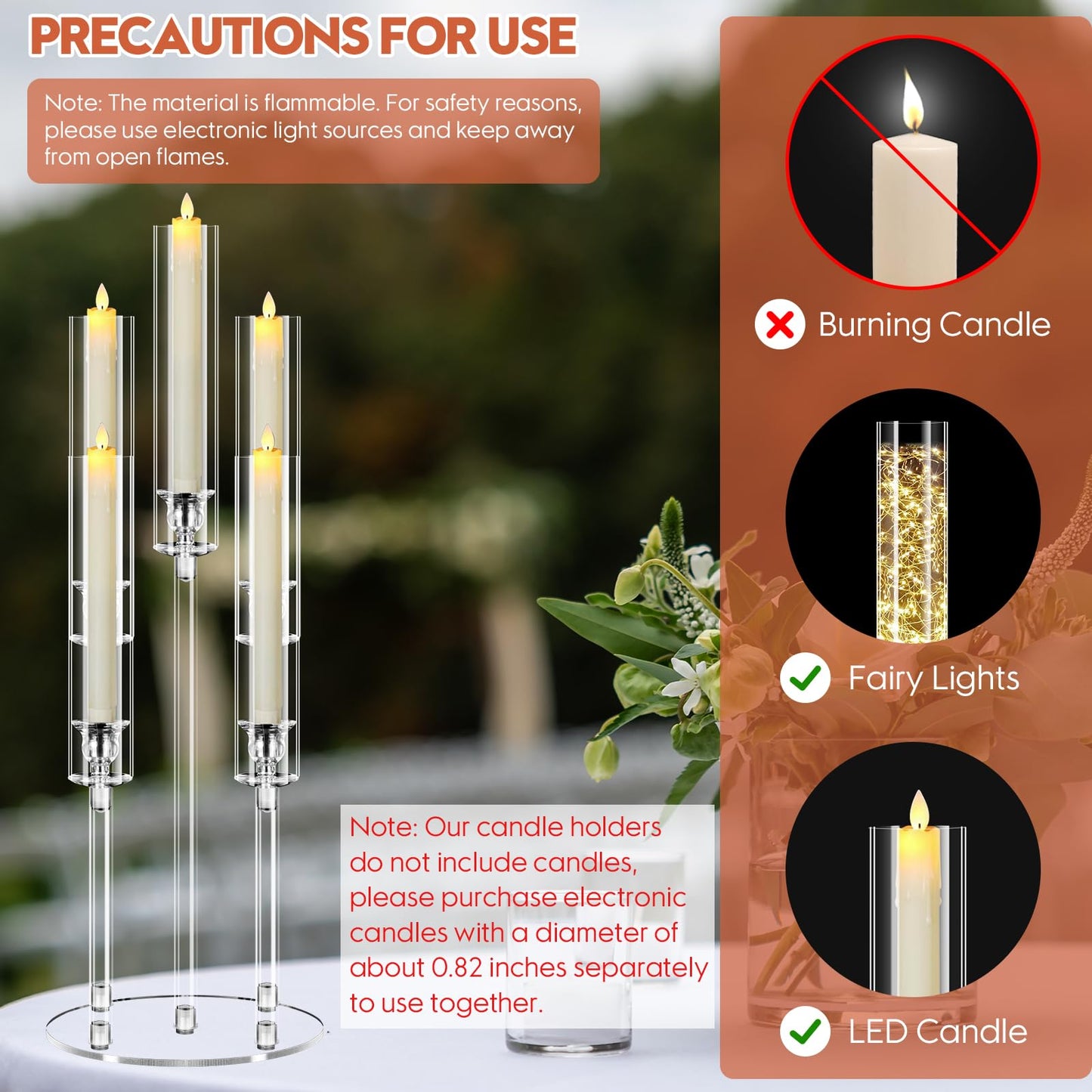 6 Set 5 Arm Acrylic Candelabra Centerpiece, Mjkeomo 27'' Tall Clear Candle Holder for Table, Wedding, Christmas, Fireplace Mantel Decor, Fits 0.82" LED Candles