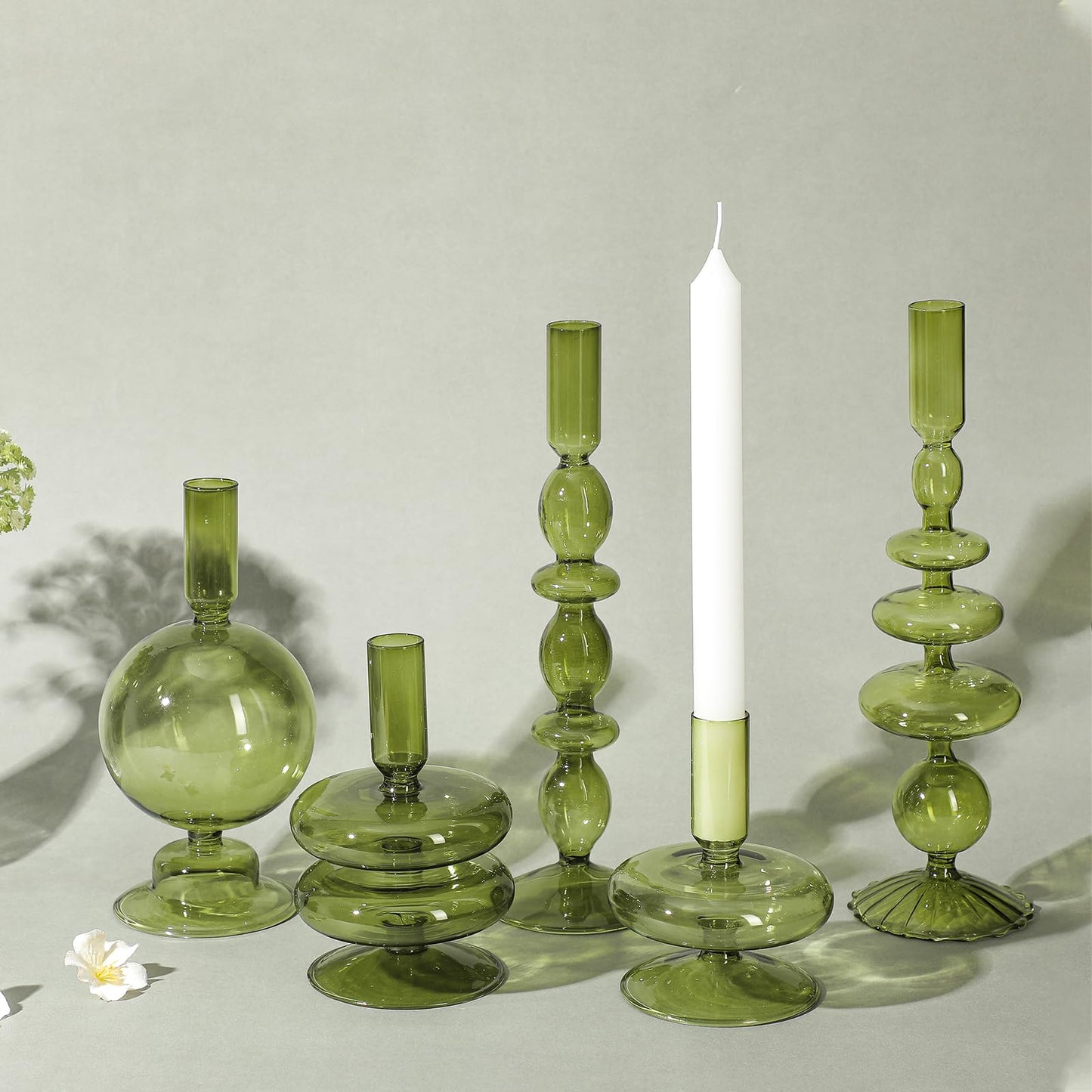 Rtteri 5 Pcs Glass Candlestick Holders Colorful Glass Taper Candle Stand Groovy Candlestick Wavy Boho Chic Clear Bases Holders Elegant Vase for Home Party Centerpiece(Green)