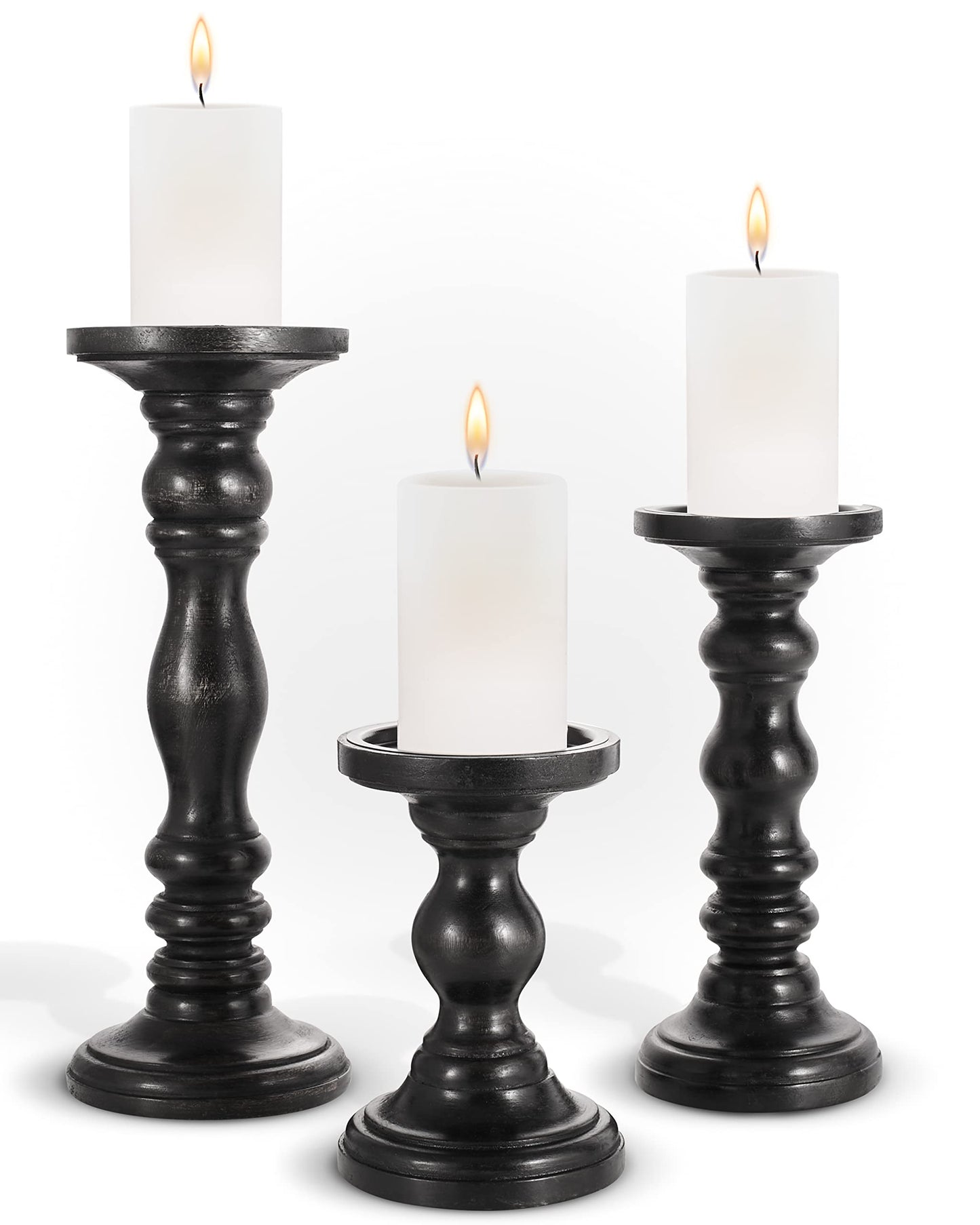 Large Candle Holders for Pillar Candles - Decorative Rustic Centerpiece Pillars Compatible with Battery-Operated Candles - Tall Farmhouse Wooden Candle Holders Pillar - Set of 3