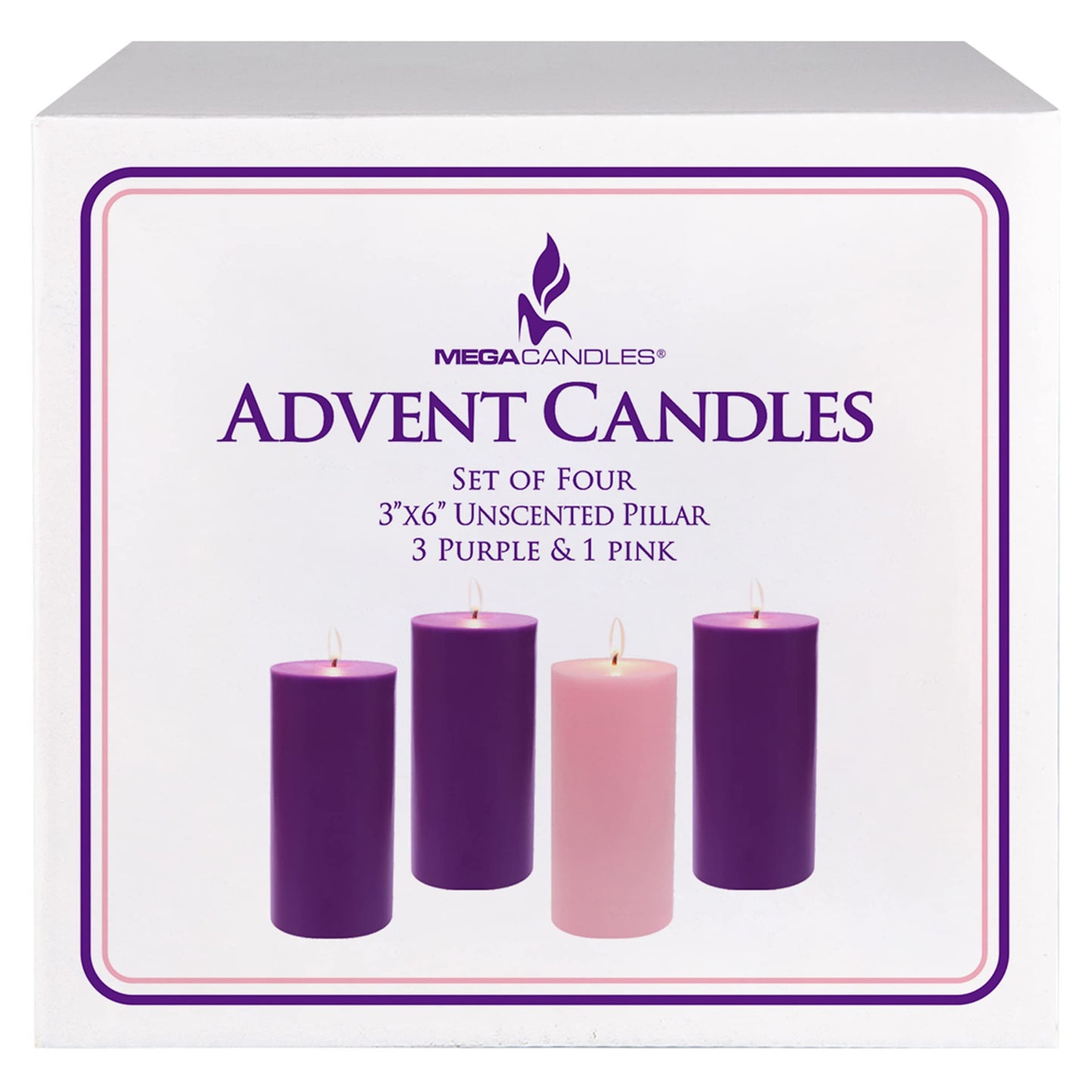 Mega Candles 4 pcs Unscented Christmas Advent Candles Set, Hand Poured Premium Wax Round Pillar Candle 3 Inch x 6 Inch, Holidays, Occasions, Events, Festivities, Devotional, Church, Wreath, Gifts