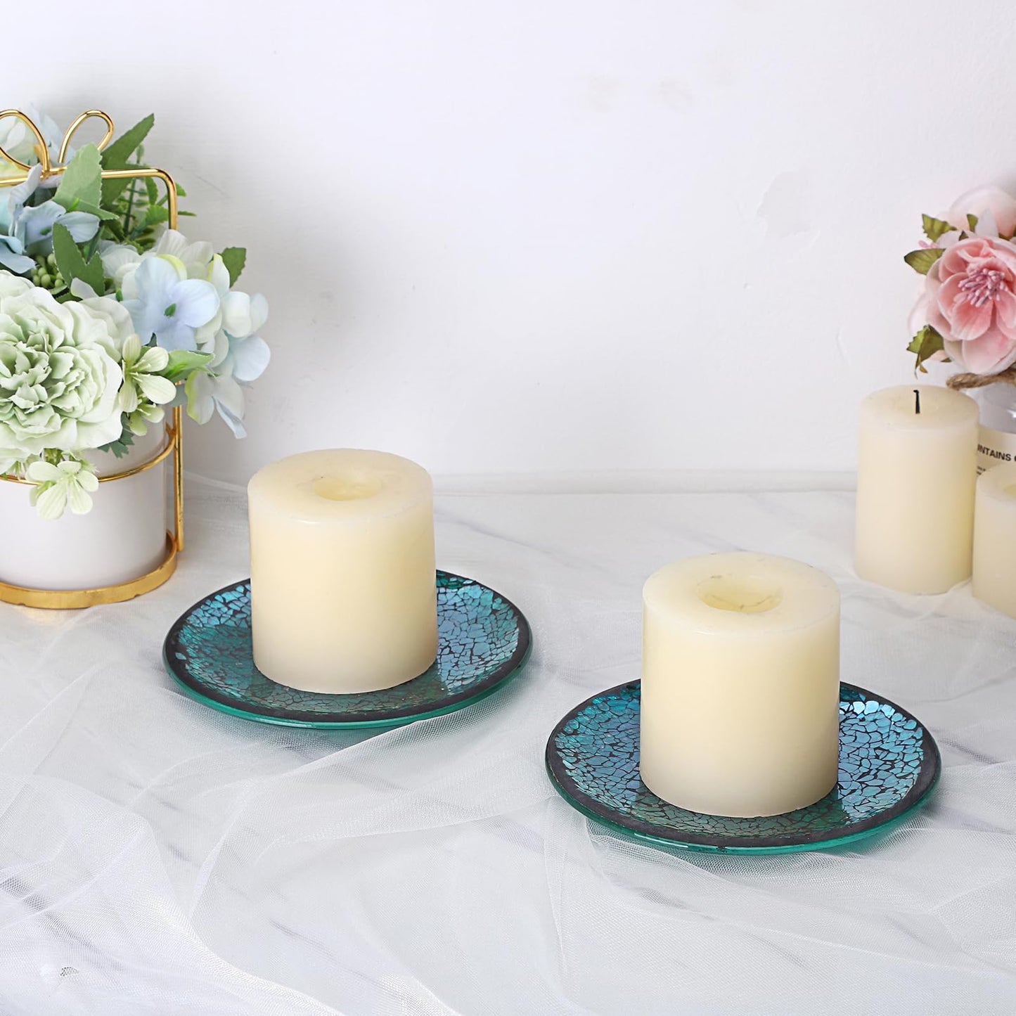 OwnMy 2PCS Mosaic Glass Candle Plates and Trays 6 Inch Pillar Candle Holders Plates, Glass Mosaic Candle Coasters Decorative Pillar Candle Stands Candle Bases for Wedding Table Centerpiececs, Blue