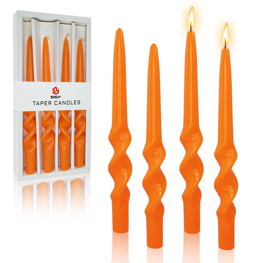 FCMSHAMD Handmade Thanksgiving Spiral Taper Candles - Unscented Long Candles Colored Wax Twisted Candle - 10 Inch Candle Sticks for Wedding Dinner Party Decoration - Set of 4(Orange)
