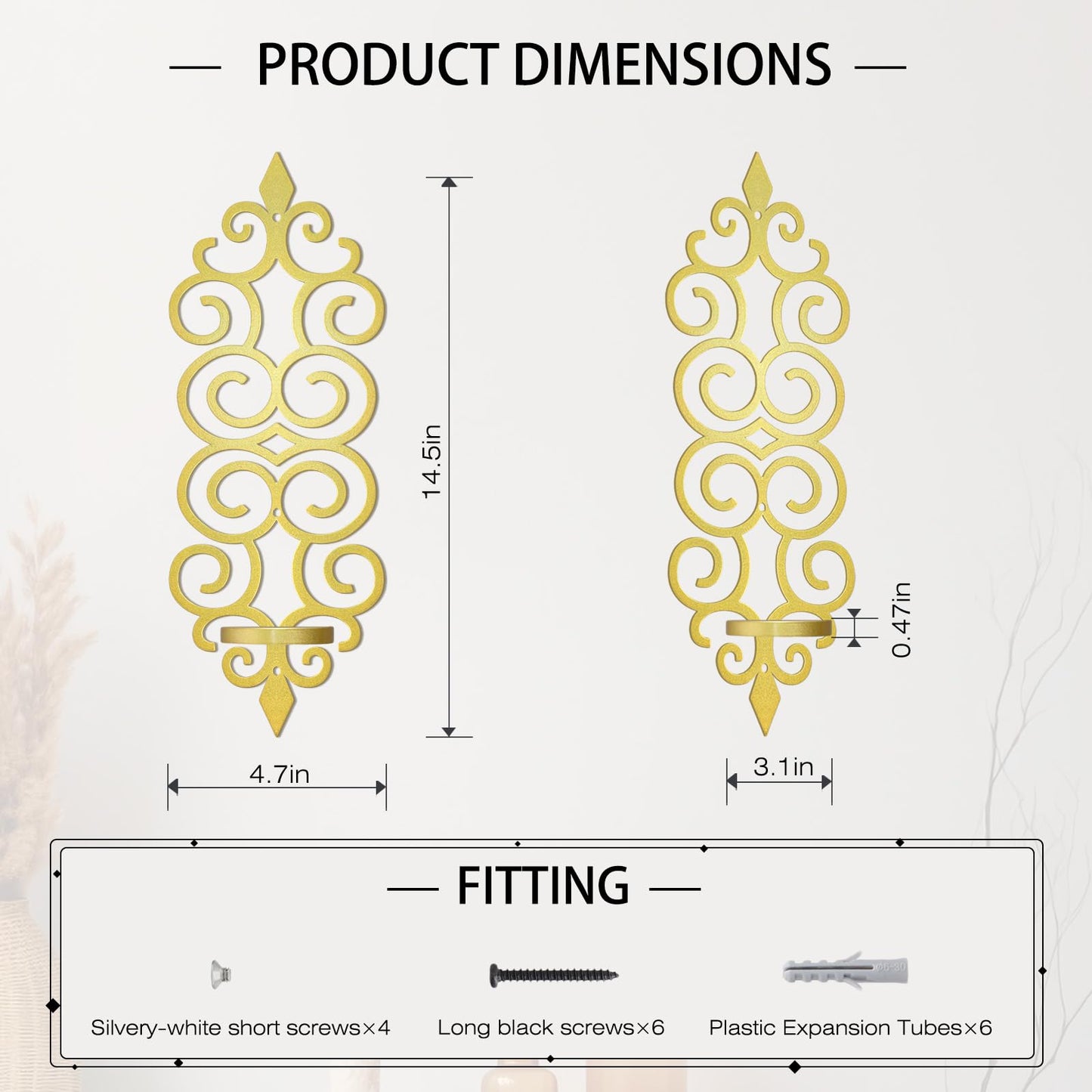 OYEFLY DIY Metal Candle Sconces Wall Decor, Wall Mounted Candle Holder (Gold)