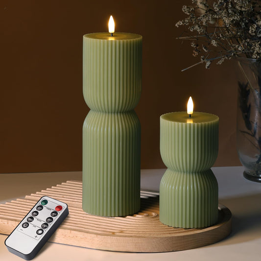 Girimax Olive Green Ribbed Flameless Pillar Candles with Remote, LED Candles Battery Operated Flickering Real Wax Set of 2