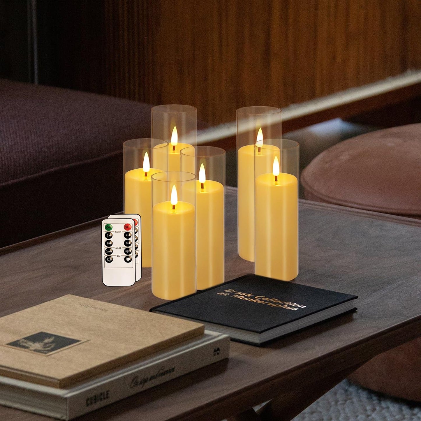 YOROXRG Flickering Flameless Candles Battery Operated with Remote and 2/4/6/8 H Timer Plexiglass LED Pillar Candles with Realistic Moving Wick for Home Decor Pack of 48 (D2.2 xH 5" 6" 7") (Ivory)
