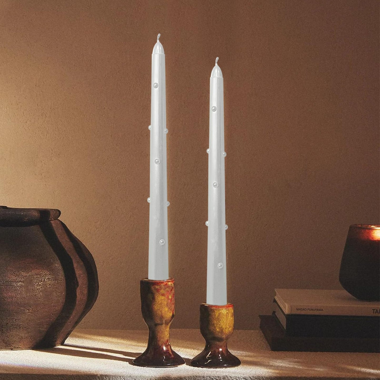 Metallic Pearled 3D Taper Candles - 10 Inch Handmade Drip Candles, Set of 2 for Wedding Home Holiday Decor & Gifts