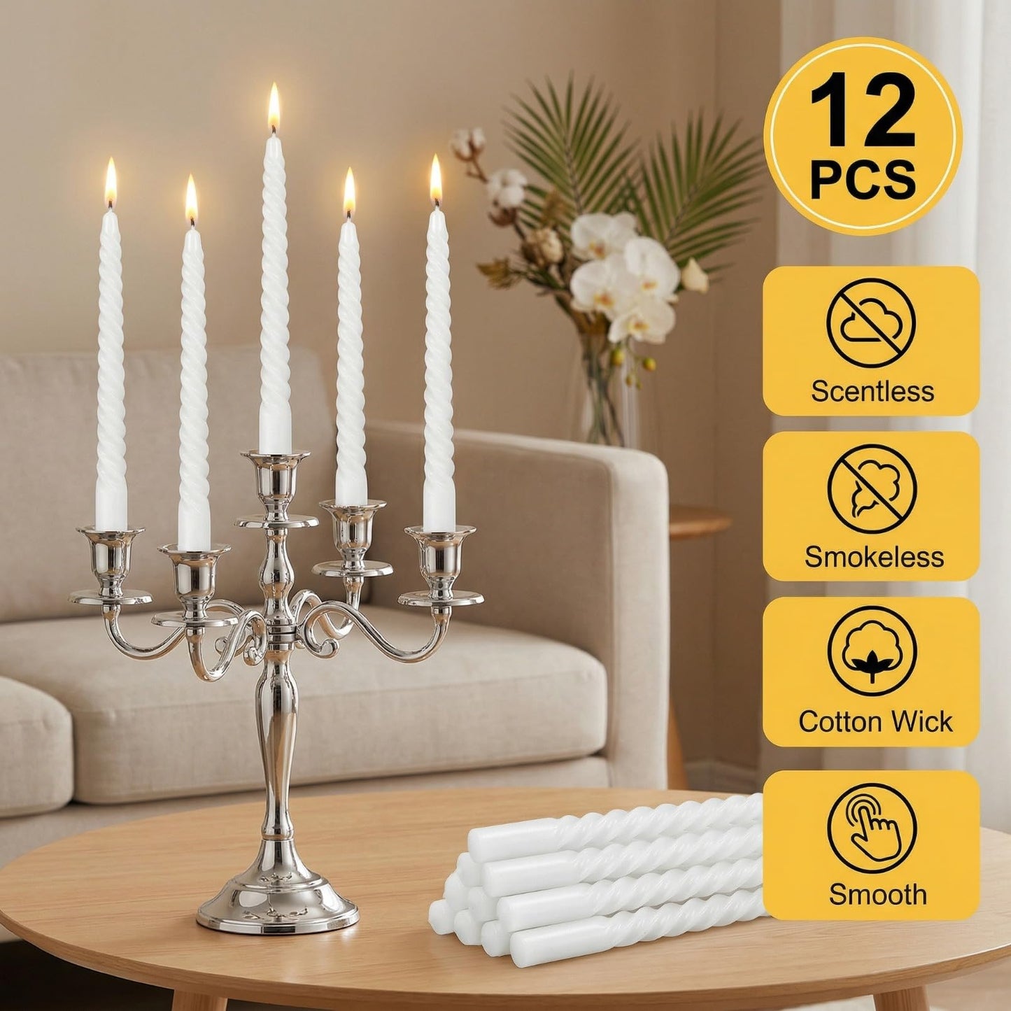 Bgtecho 12 Pack Spiral Taper Candles, 10 Inch White Tall Twisted Candlesticks, Dripless Unscented Thin Candle, Long Burning Smokeless Candles for Wedding Dinner Party Home Decor