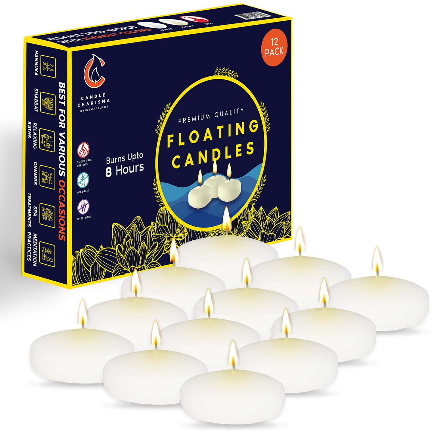 Candle Charisma White Floating Candles 3 Inch (Set of 12) – 8-Hour Dripless, Smokeless Burn with Natural Flickering Flame – Perfect for Weddings, Centerpieces, Pool Nights & Special Events