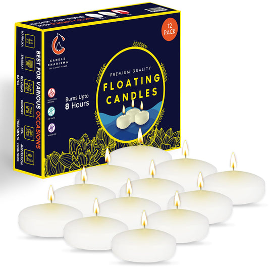 Candle Charisma White Floating Candles 3 Inch (Set of 12) – 8-Hour Dripless, Smokeless Burn with Natural Flickering Flame – Perfect for Weddings, Centerpieces, Pool Nights & Special Events