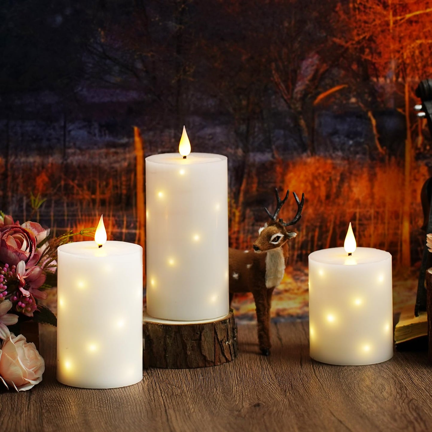JINYANIA Flameless Candles with Embedded Star String, Real Wax Battery Operated Candles with Remote Timer, Flickering Pillar LED Candle Set for Home Decor Romantic Ambiance （White）