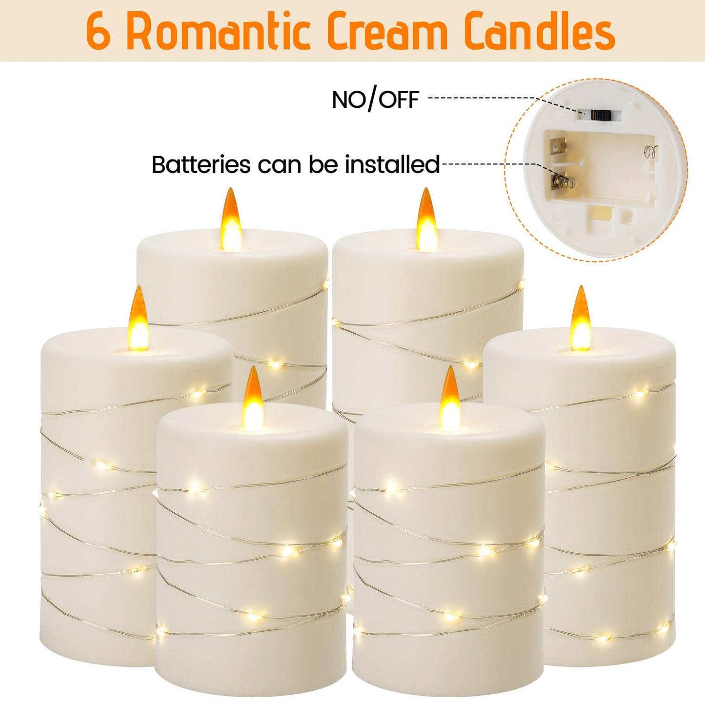 Upinmz 6 Pack Flickering Flameless Candles with String Lights,Unbreakable Acrylic Battery Operated Candle with Remote Control and Timer - Ivory White