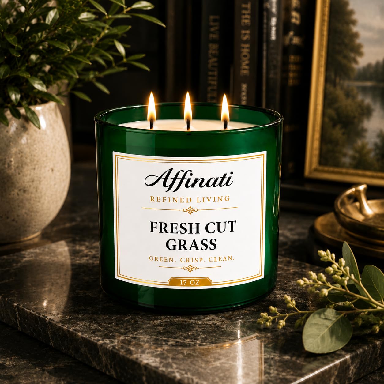 Affinati Fresh Cut Grass 3-Wick Candle - 17 oz Luxury Soy Blend Wax Candle, Long-Lasting Home Fragrance