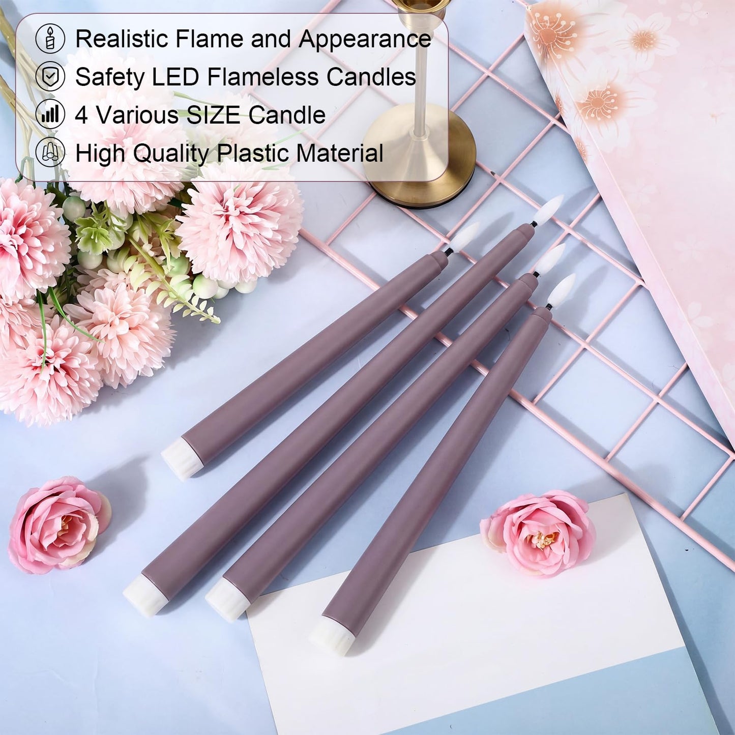 Rossesay 24 Pcs Flameless LED Taper Candles Battery Operated Candle 8.5", 9.65", 10.8", 12.8" Flameless Candlesticks Flickering for Christmas Church Wedding Indoor Decoration(Classic, Purple)