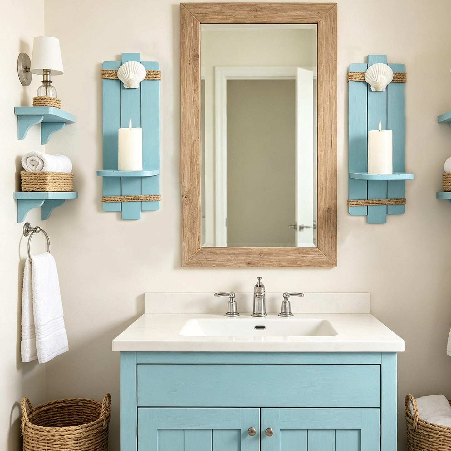 Meching Coastal Wall Candle Sconces Set of 2 Rustic Wooden Wall Mount Candle Holders Beach Shell Ocean Themed Decor Nautical Decorations for Bathroom, Living Dining Room Office﻿ (Blue)