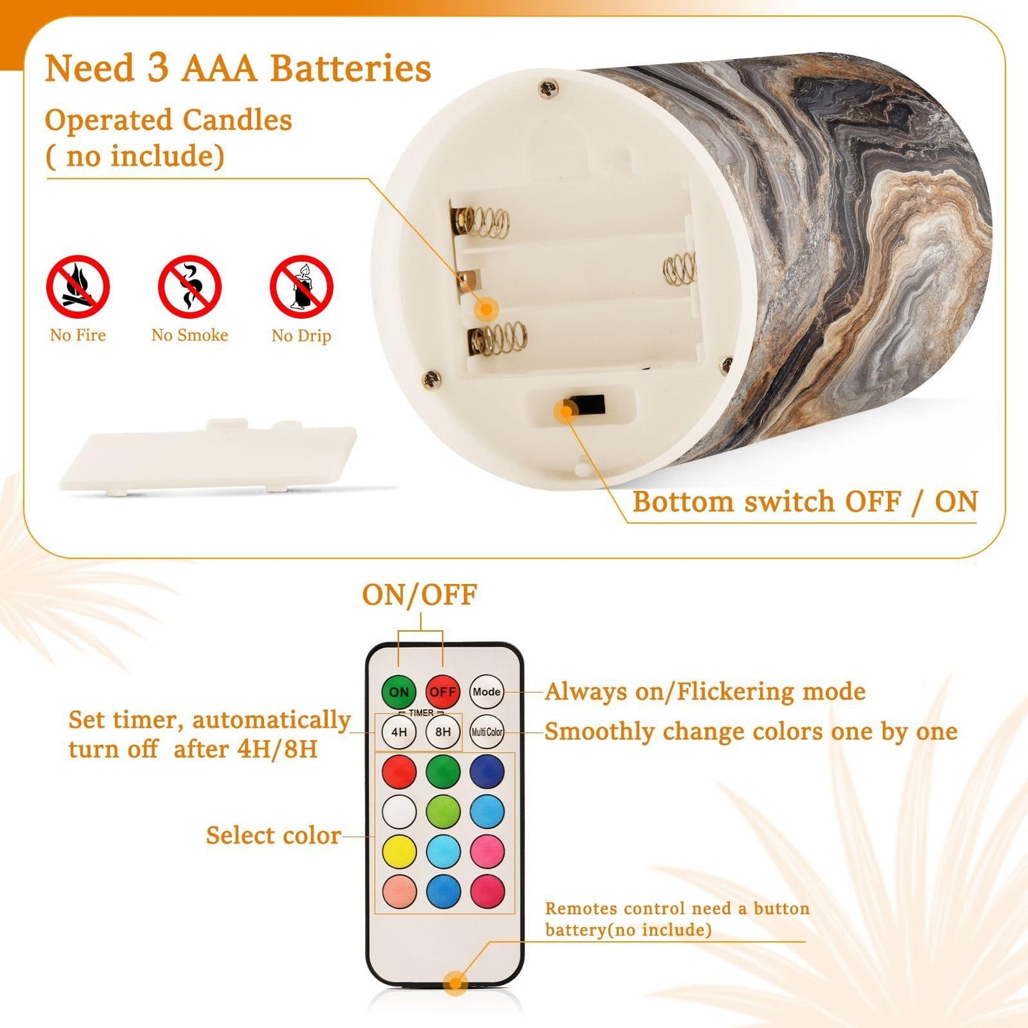 ZRYSMY Abstract Brown Gray Marble Flameless LED Candles with Remote - Set of 2, 3 Inch Battery-Operated Flickering Pillar Candles with Timer, No Batteries Included