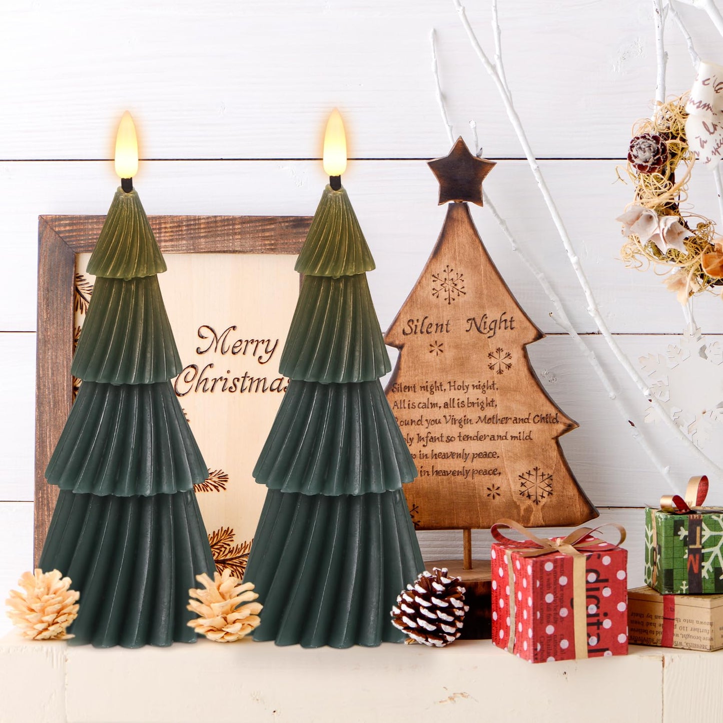 Lasumora Christmas Tree Spiral Skirt-Shaped Flameless Candles with 6H Timer, 2 Pcs Battery Operated LED Pillar Candle with Flickering 3D Wick, Green Candles for Home Décor Christmas Gifts