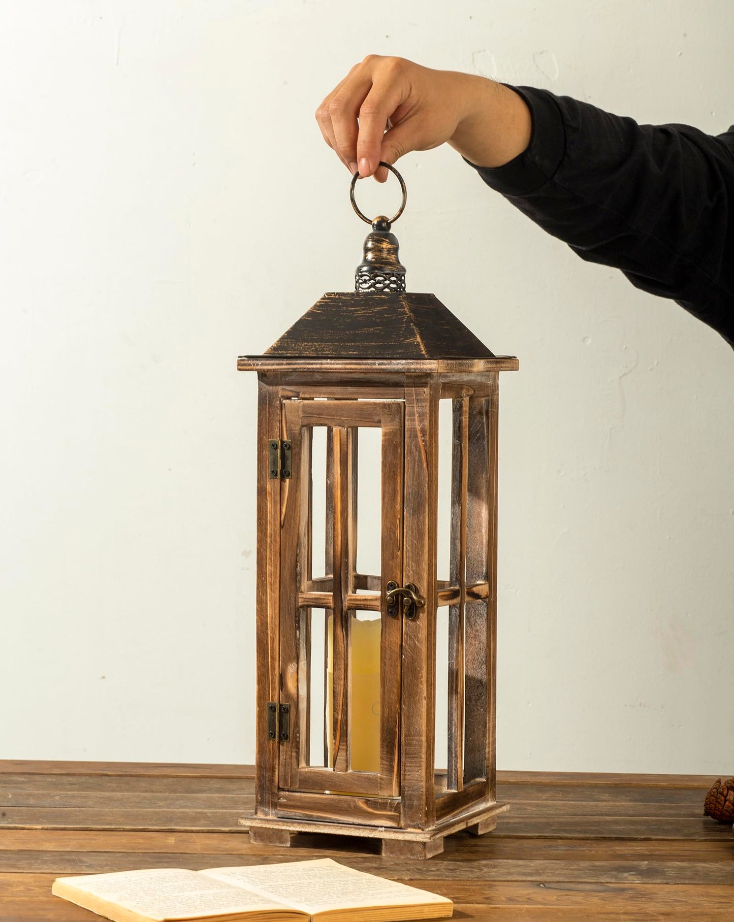 Large Farmhouse Wooden Decorative Lantern Set of 2, Rustic Distressed Brown Burnt Wood Floor Candle Lanterns, Indoor/Outdoor Hanging Lanterns for Home Decor (No Glass)