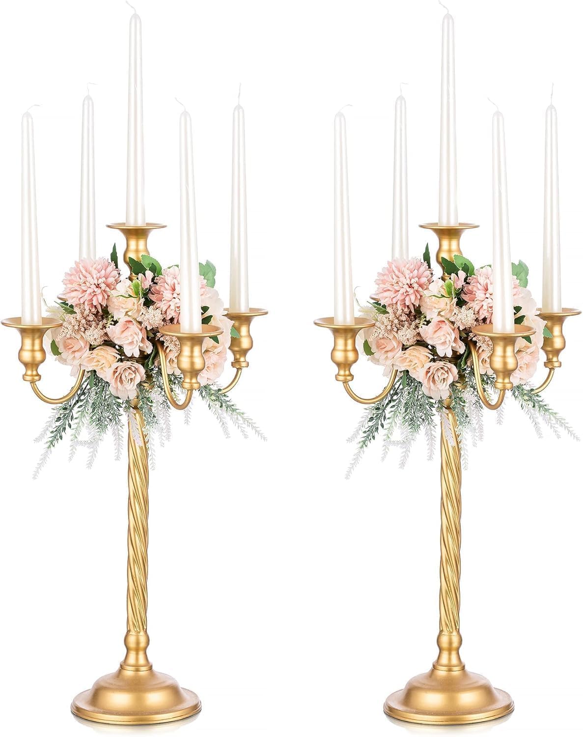 Romadedi Candelabra Gold Candle Stand: 28" Tall 5-Branch Candlestick Holder for Wedding Centerpiece Decor Christmas Holiday Event Reception Decoration,2Pcs